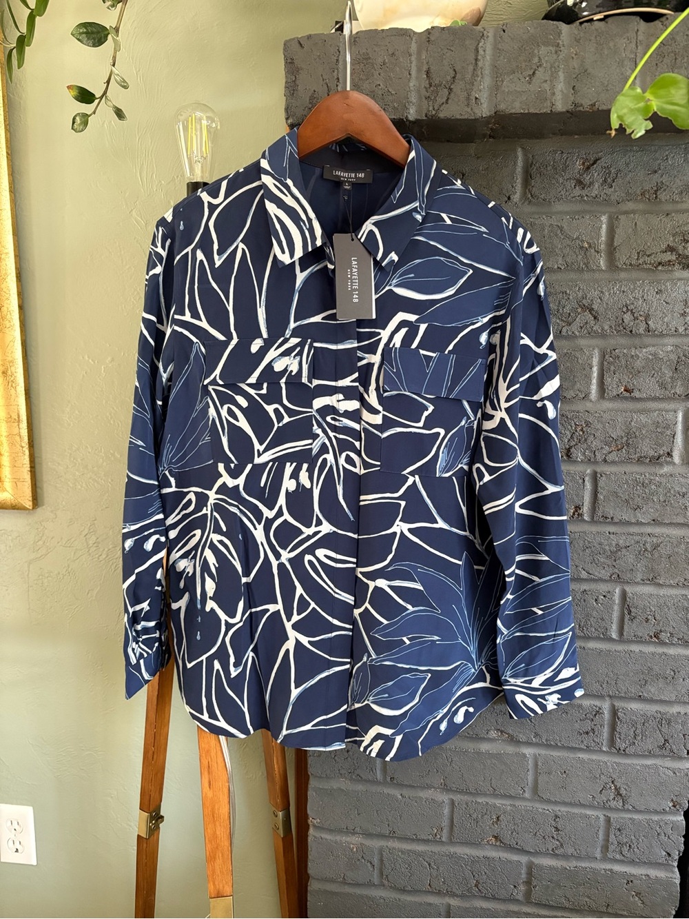 Lafayette 148 New York Navy and White Leaf-Print Button Down Shirt